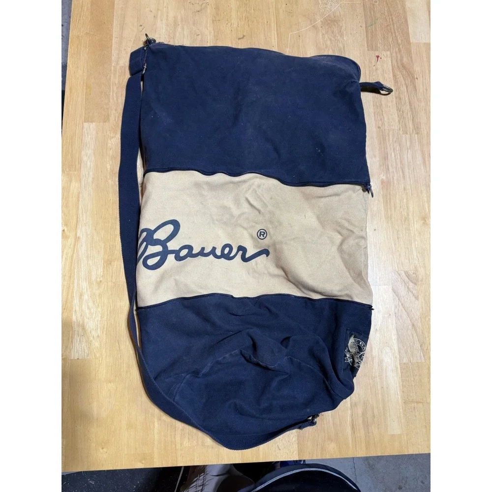 Vintage Eddie Bauer Expandable Laundry Bag Canvas Navy Tan Shoulder Strap 28x18